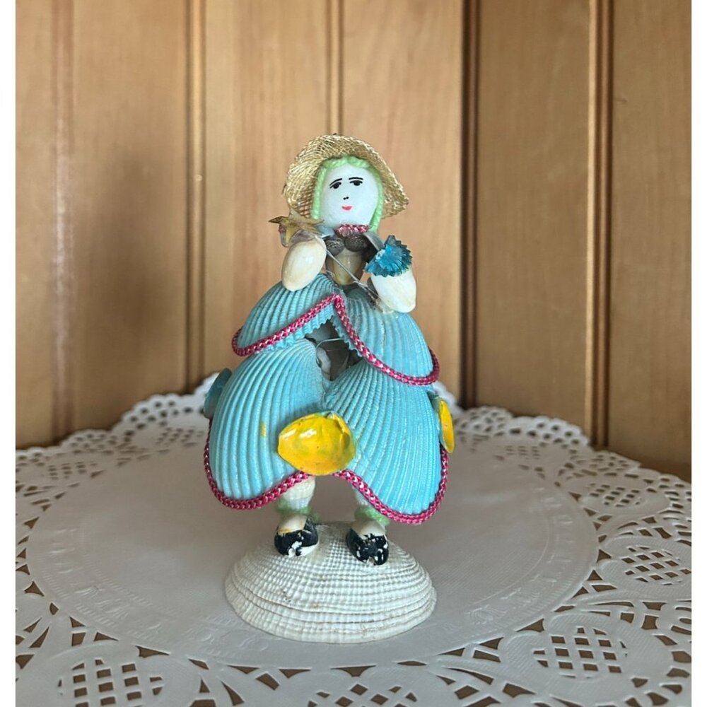 Vintage Handcrafted Seashell Lady Figurine Hat & Flowers Beach Decor Accent Phil